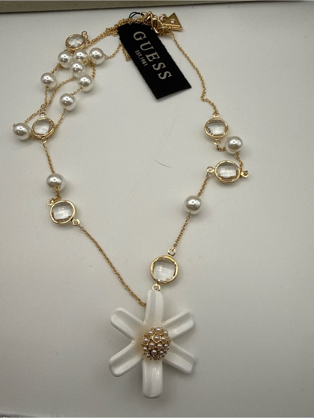 GUESS Gold Pearl & White Flower Pendant Necklace